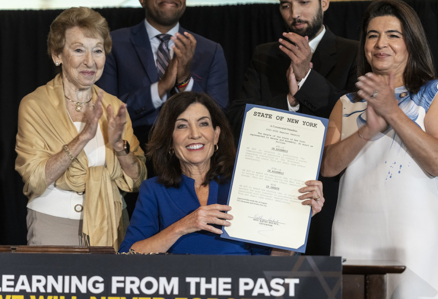 Governor Kathy Hochul signs legislation to support and honor Holocaust survivors at Museum of Jewish Heritage in New York, Aug. 10, 2022. (Photo: Lev Radin/Sipa USA)