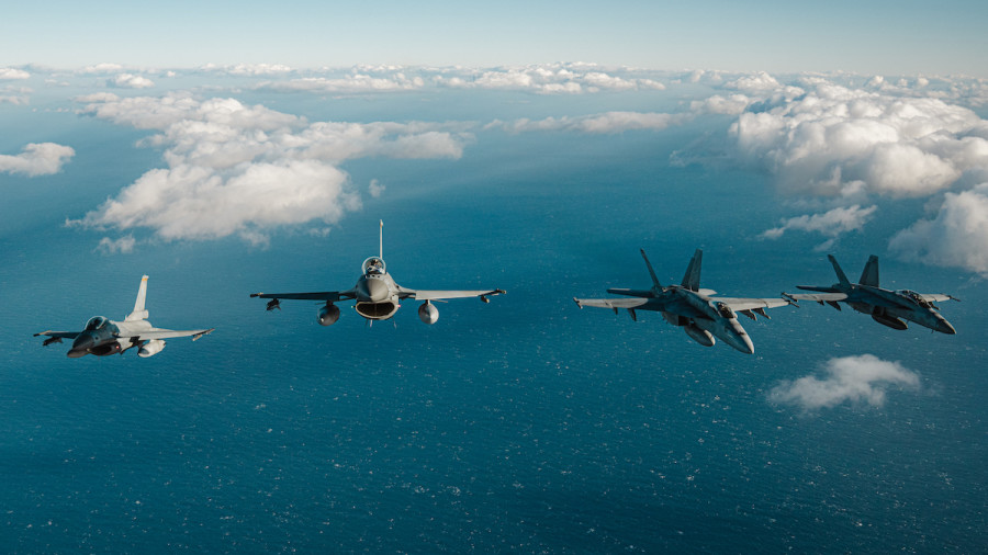 Illustrative - US Navy F/A-18 Super Hornets and Greek F-16 Fighting Falcons conduct air-to-air training over the Ionian Sea, Feb. 3, 2022 (Photo: US Navy via Reuters)
