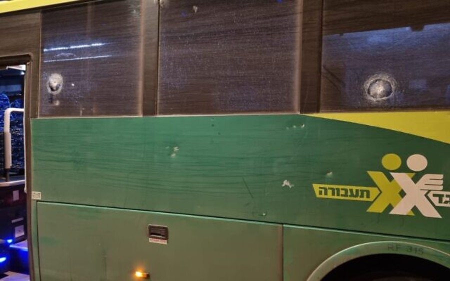 An Israeli bus with bullet holes from a terror attack near the Palestinian village Silwad, August 20, 2022. (Courtesy)