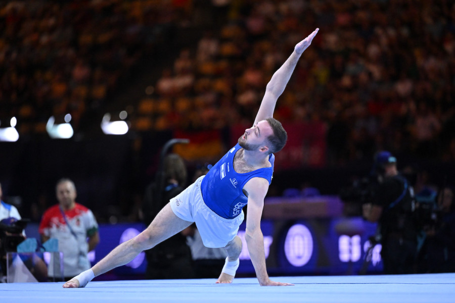 Artem Dolgopyat's floor exercise during the European Men's Artistic Gymnastics Championships in Munich, Germany, August 21, 2022. (Photo: Filippo Tomasi/LiveMedia/NurPhoto)