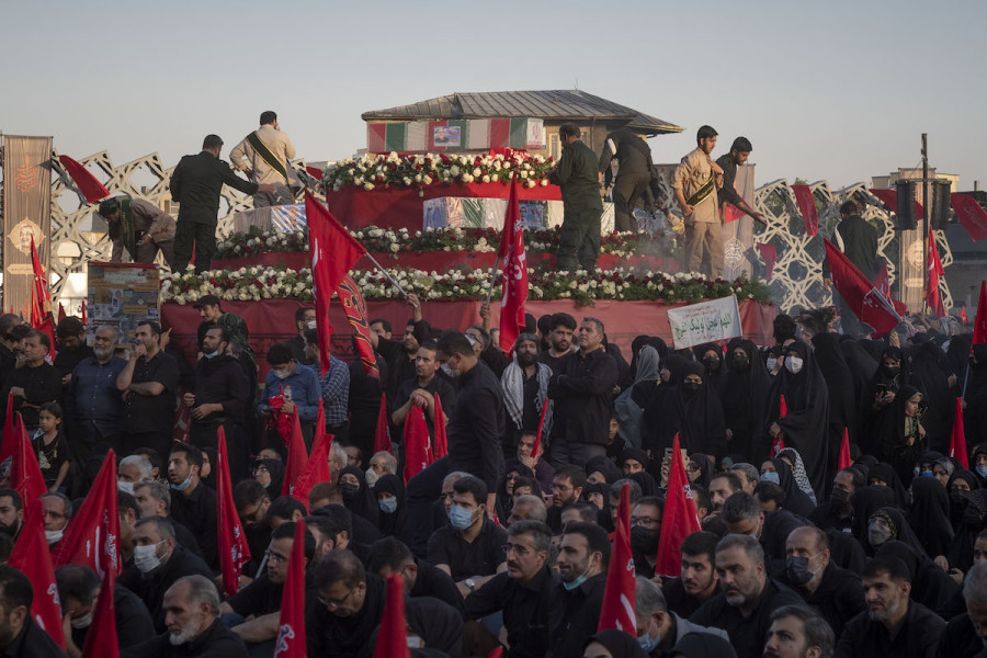 Illustrative - Members of the Islamic Revolutionary Guard Corps stand next to coffins containing the bodies of IRGC commander, Abdollah Eskandari, and other IRGC members, in Tehran while people attending a memorial ceremony, August 4, 2022. (Photo: Morteza Nikoubazl/NurPhoto)