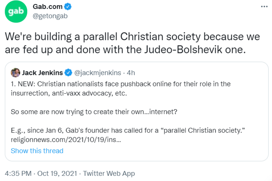 Screenshot of a post on the social media site Gab