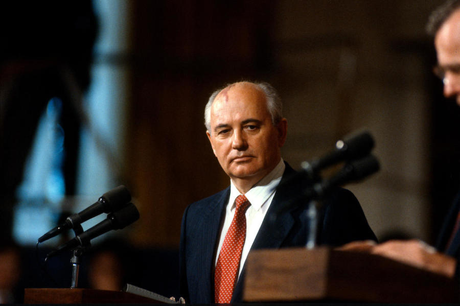 President Mikhail Gorbachev of the Soviet Union listens as U.S. President George H.W. Bush makes remarks at the signing ceremony for the agreement between the U.S. and the U.S.S.R. on the maritime boundary, at the White House in Washington, D.C., June 1, 1990. (Photo: Ron Sachs/CNP/ABACAPRESS.COM)