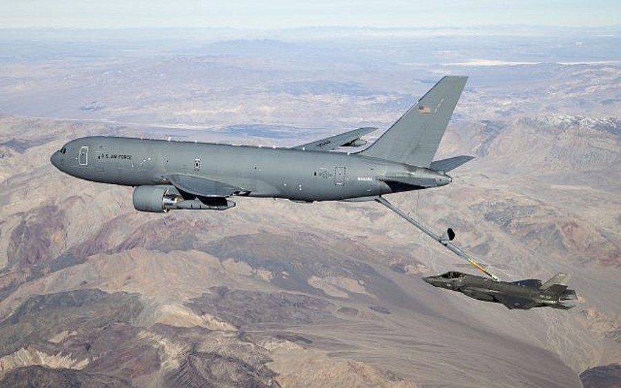 Illustrative - US Air Force Boeing KC-46 Pegasus aerial refueling plane connects to a fighter jet, January 22, 2019. (Photo: Ethan Wagner/US Air Force)