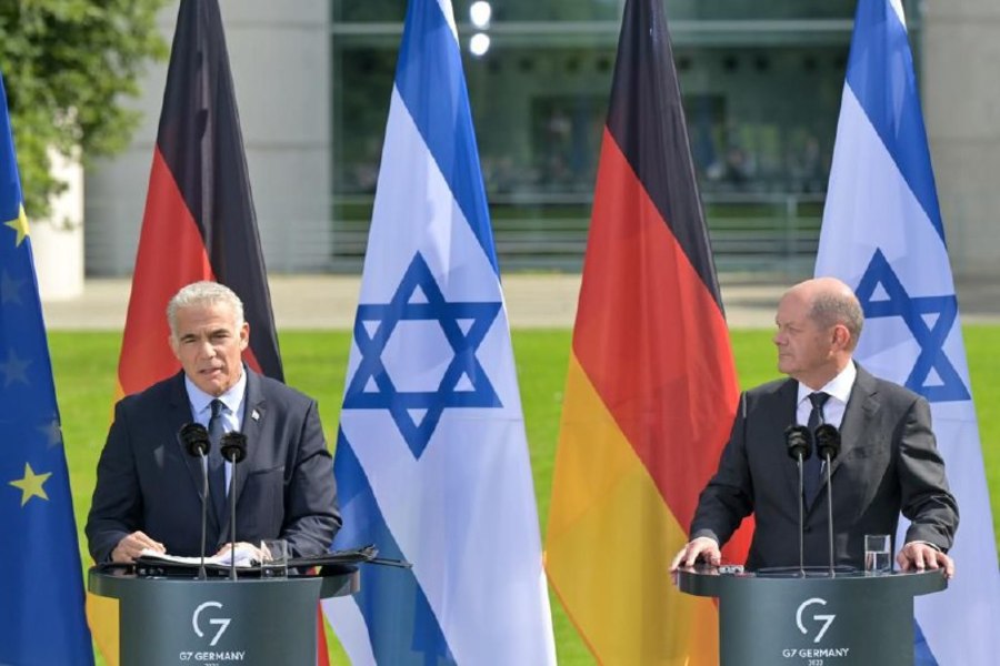Israeli Prime Minister Yair Lapid and German Chancellor Olaf Scholz at a joint press conference, Sept. 12, 2022 (Photo: Kobi Gideon/GPO)