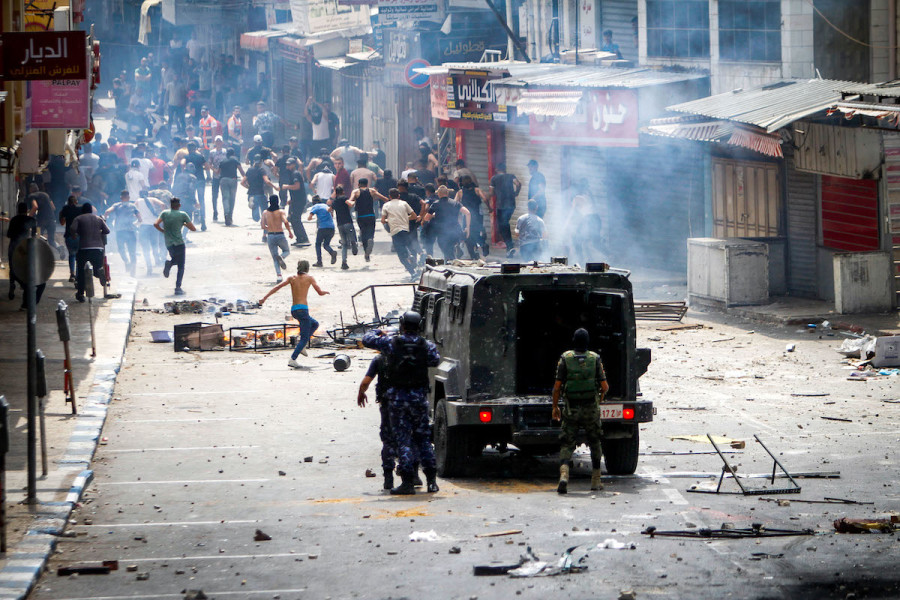Palestinians clash with Palestinian security forces in Nablus, in the West Bank on Sept. 20, 2022, following the arrest of Hamas members by Palestinian security forces. Photo by Nasser Ishtayeh/Flash90