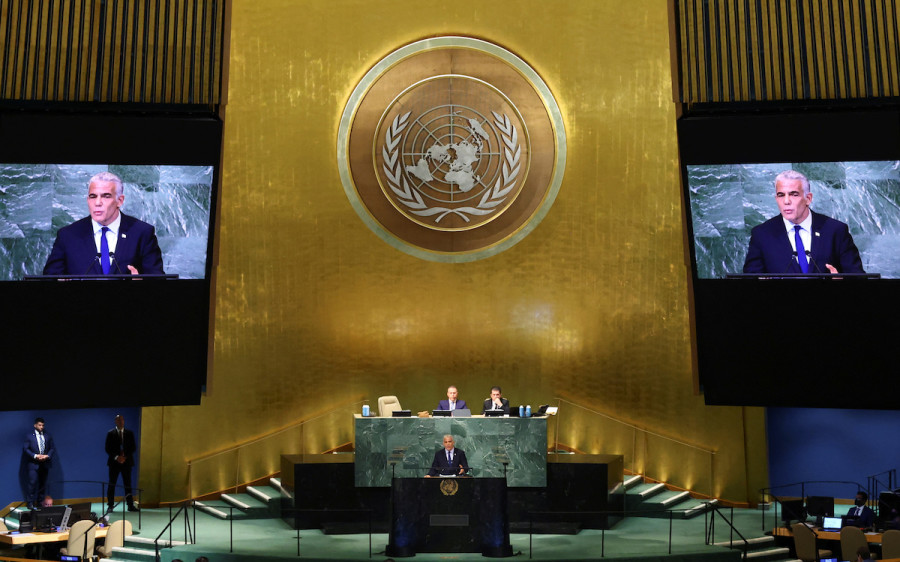 Israeli Prime Minister Yair Lapid addresses the 77th Session of the United Nations General Assembly at U.N. Headquarters in New York, Sept. 22, 2022. (Photo: REUTERS/Mike Segar)