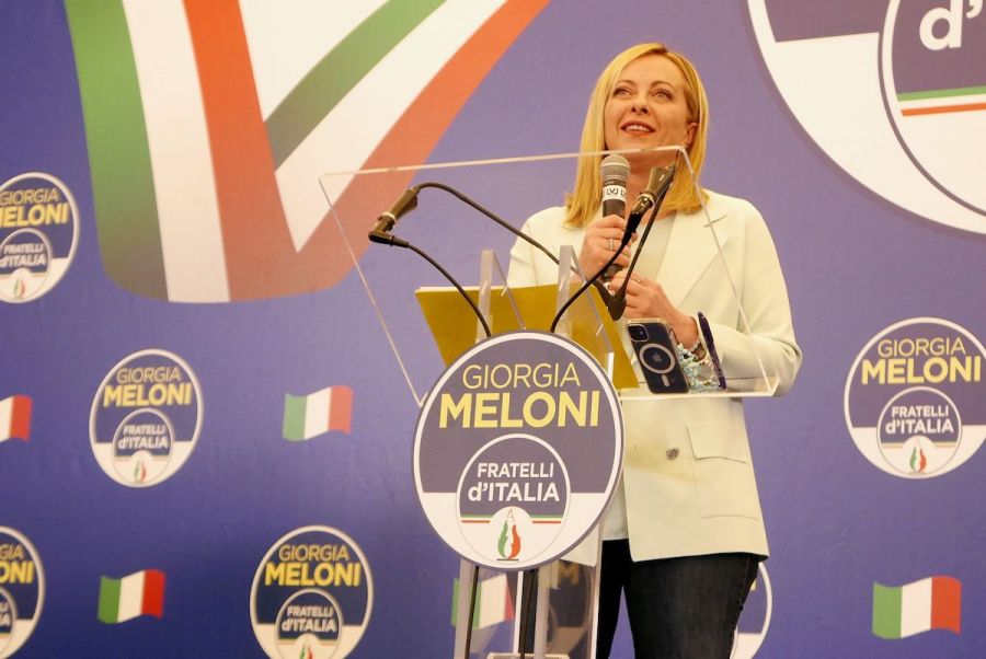 Giorgia Meloni celebrates after polls ratified Fratelli d'Italia as Italian party with the most votes in the parliamentary elections, Rome, Italy, Sept. 26 2022. (Photo: Elisa Gestri/Sipa USA)