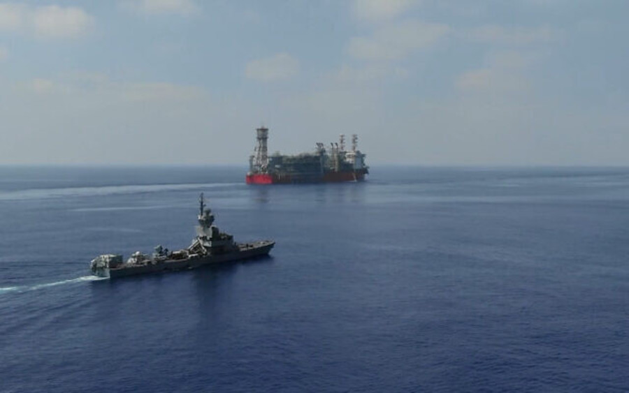 An Israeli navy boat guards the Energean floating production, storage and offloading vessel at the Karish gas field, in footage published by the military on July 2, 2022. (Photo: Israel Defense Forces)