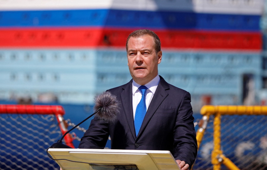 Dmitry Medvedev, deputy chairman of Russia's Security Council, delivers a speech during a ceremony marking Shipbuilder's Day in Saint Petersburg, Russia, June 29, 2022. (Photo: Sputnik/Valentin Yegorshin/Pool via REUTERS)