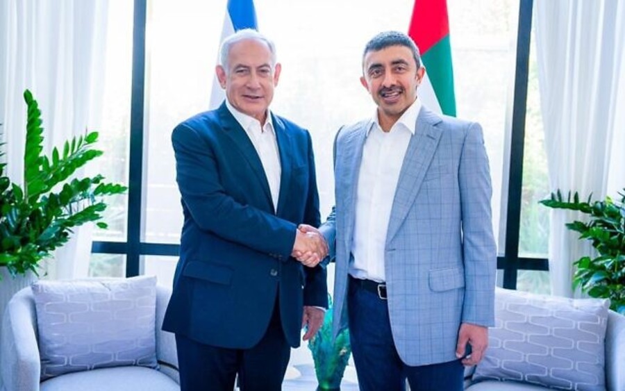 Benjamin Netanyahu meets with UAE Foreign Minister Abdullah bin Zayed in Tel Aviv on Sept. 16, 2022. (Benjamin Netanyahu/Twitter)