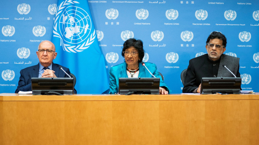 Members of the United Nations Independent International Commission of Inquiry on the Occupied Palestinian Territory, including East Jerusalem, and in Israel, Navanethem Pillay, Miloon Kothari and Chris Sidoti attend a press briefing at the United Nations headquarters in New York, Oct. 27, 2022. (Photo: REUTERS/Eduardo Munoz)
