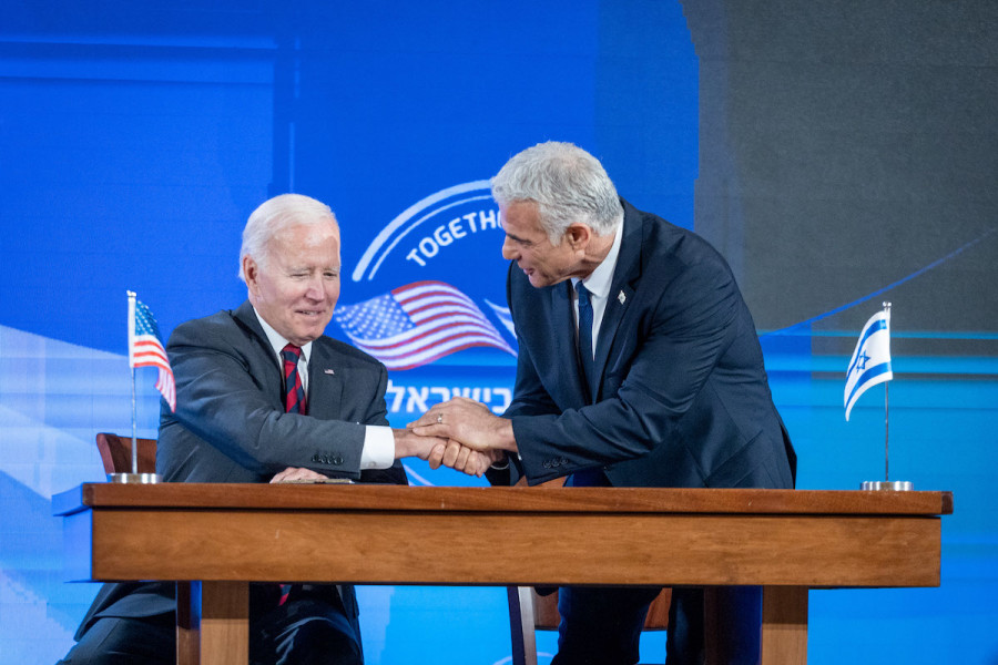 US President Joe Biden holds a joint press conference with Israeli Prime Minister Yair Lapid in Jerusalem, July 14, 2022. (Photo: Emil Salman/POOL)