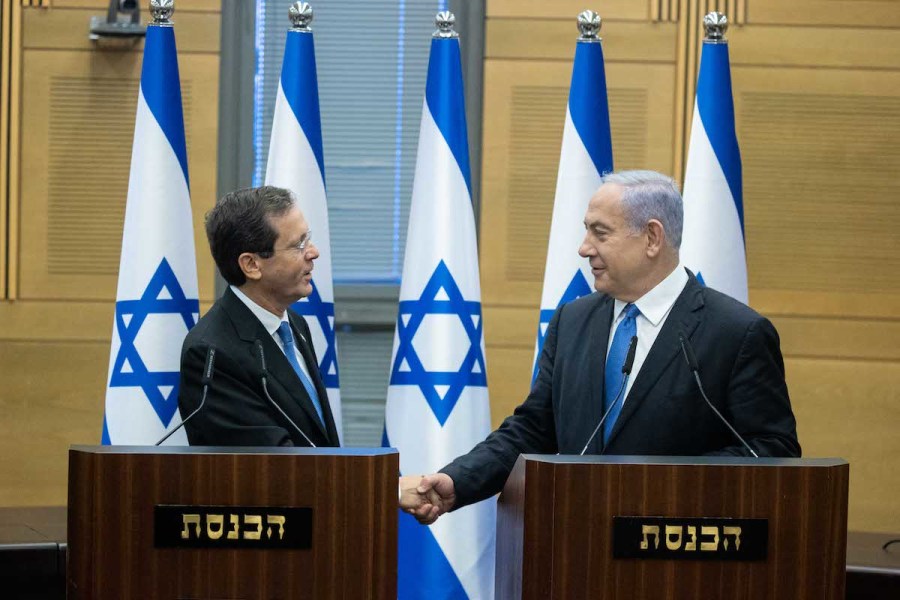 Illustrative - Newly elected Israeli President Isaac Herzog with then-Prime Minister Benjamin Netanyahu in the Knesset on the day of the presidential elections, in Jerusalem, June 2, 2021. (Photo: Yonatan Sindel/Flash90)