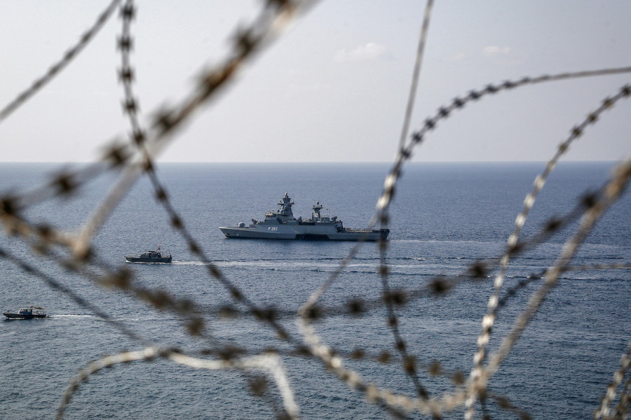 A United Nations Peacekeeping navy ship secures an area off the coast of the southern village of Naqoura, where Lebanese and Israeli delegations met, Oct. 27, 2022. (Photo: Marwan Naamani/DPA via Reuters)
