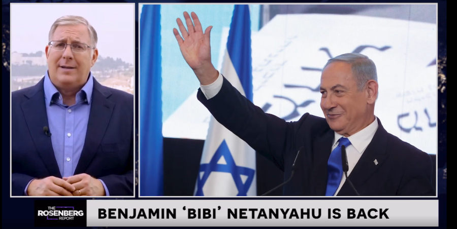 Opposition leader Benjamin Netanyahu celebrates after the 2022 Knesset election results are announced (Photo: Screenshot/TBN/The Rosenberg Report)