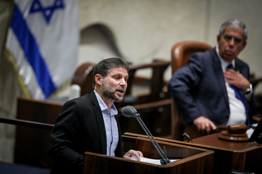 Religious Zionist party head Bezalel Smotrich speaks at the Knesset during memorial ceremony marking 27 years since the assassination of former Israeli Prime Minister Yitzhak Rabin, Nov. 6, 2022. (Photo: Noam Revkin Fenton/Flash90)
