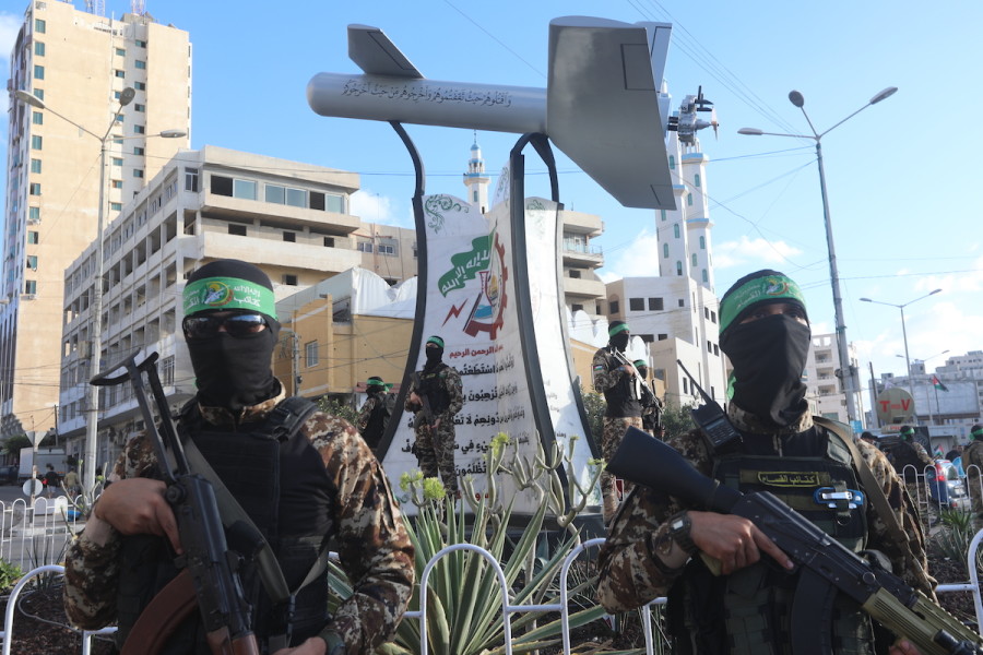 Palestinian members of Izz ad-Din al-Qassam Brigades – the armed wing of Hamas – seen next to a memorial named “Shehab Field,” a drone made by al-Qassam, in Gaza City, Sept. 21, 2022. (Photo: Attia Muhammed/Flash90)