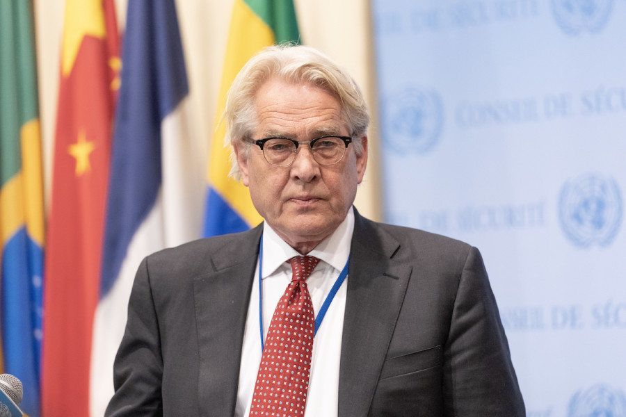 Tor Wennesland, UN Special Coordinator for the Middle East Peace Process, speaks to press at Security Council stakeout at UN Headquarters in New York on Nov. 28, 2022. (Photo: Lev Radin/Sipa USA via Reuters)