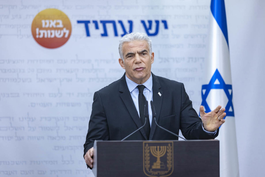 Outgoing Israeli Prime Minister Yair Lapid leads a party faction meeting at the Knesset, Dec. 26, 2022. (Photo: Olivier Fitoussi/Flash90)