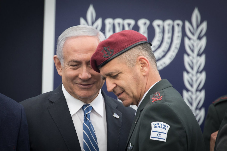 Then-Prime Minister Benjamin Netanyahu and IDF Chief of Staff Aviv Kochavi talk during official celebrations of Israel's 71st Independence Day, at the President's residence in Jerusalem, May 9, 2019. (Photo: Noam Revkin Fenton/Flash90)