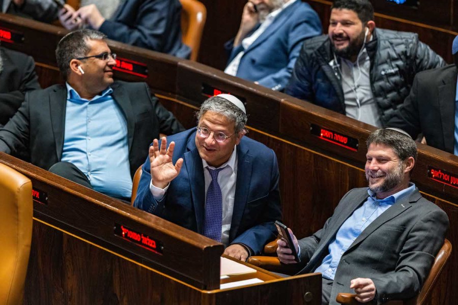 Religious Zionism party head MK Bezalel Smotrich with head of Jewish Power party MK Itamar Ben Gvir at a vote in the Knesset assembly hall in Jerusalem, Dec. 28, 2022. (Photo: Olivier Fitoussi/Flash90)