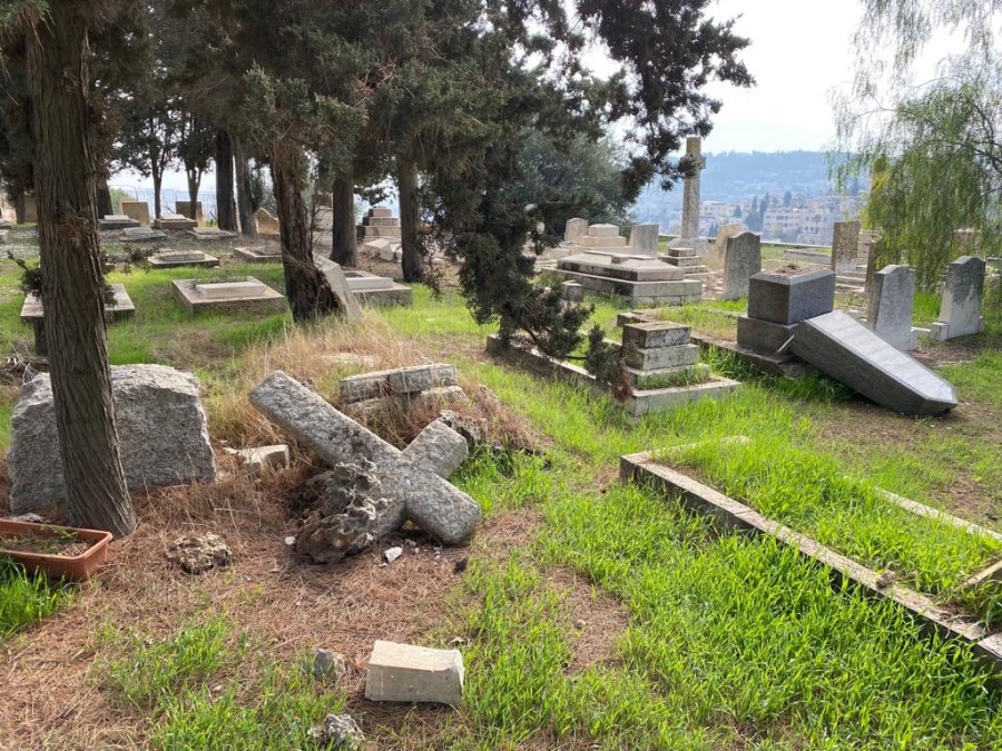 Vandalized graves at the Protestant Christian cemetery on Mount Zion (Photo courtesy)