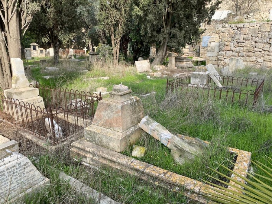 Vandalized graves at the Protestant Christian cemetery on Mount Zion (Photo courtesy)