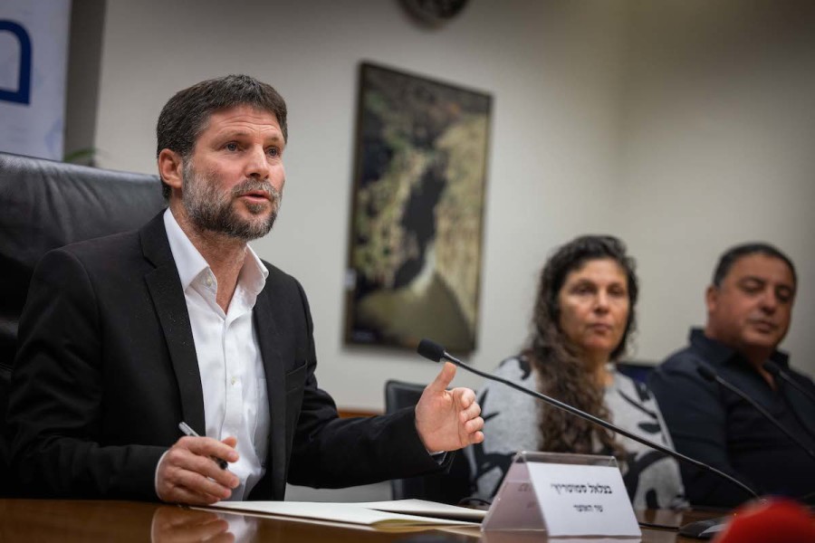 Minister of Finance Bezalel Smotrich holds a press conference with bereaved families in the Ministry of Finance in Jerusalem, Jan. 8, 2023. (Photo: Yonatan Sindel/Flash90)