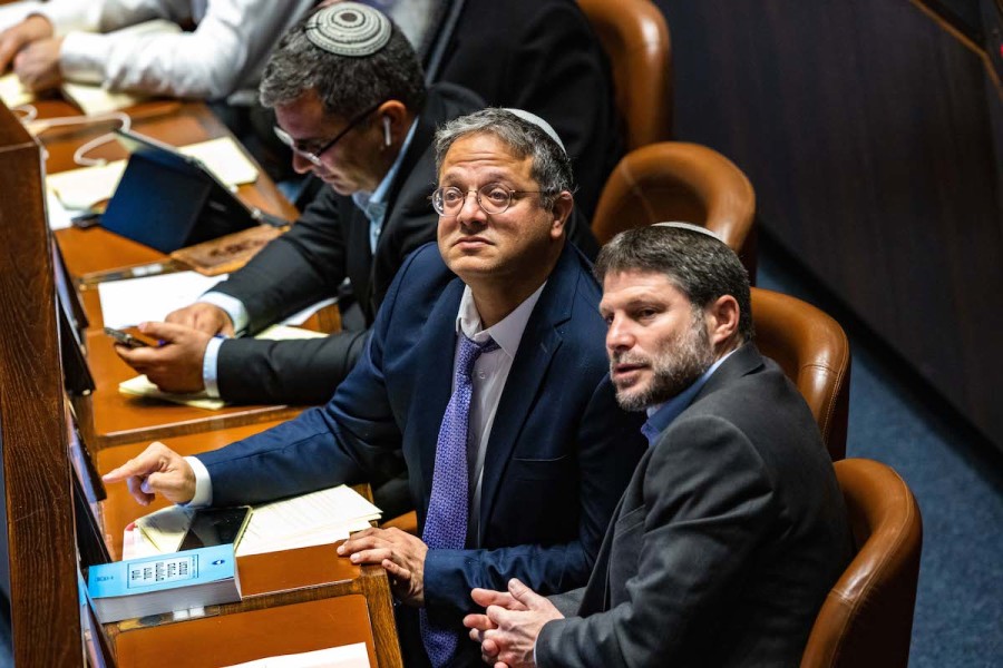 Religious Zionist party head MK Bezalel Smotrich with head of Jewish Power party MK Itamar Ben Gvir at a vote in the Knesset assembly hall in Jerusalem, Dec. 28, 2022. (Photo: Olivier Fitoussi/Flash90)