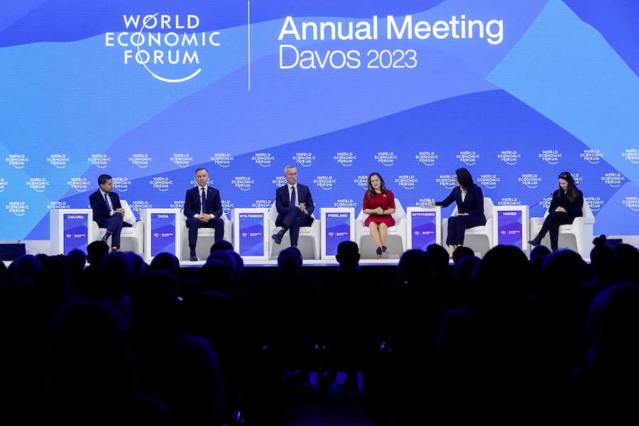 NATO Sec.-Gen. Jens Stoltenberg, Poland's President Andrzej Duda and Canada's Deputy Prime Minister and Minister of Finance Chrystia Freeland take part in the World Economic Forum session on "Restoring Security and Peace," in Davos, Switzerland, Jan. 18, 2023. (Photo: REUTERS/Arnd Wiegmann)