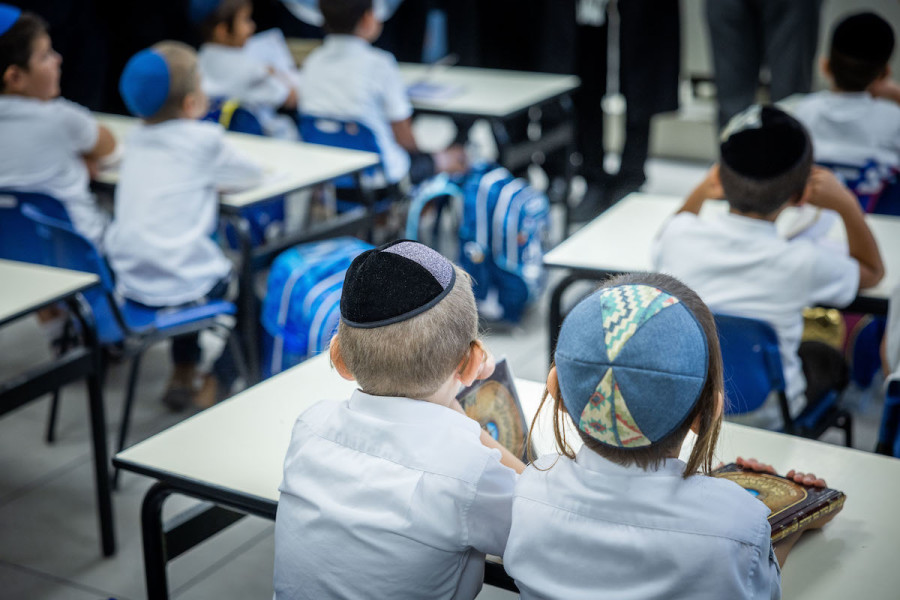Young students in the classroom at the opening of the new school year in a school for ultra-Orthodox Jewish boys, in Beit Shemesh, Aug. 28, 2022. (Photo: Yonatan Sindel/Flash90)