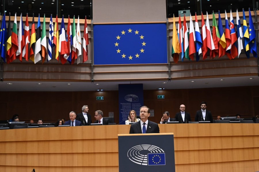 President Isaac Herzog addresses the European Parliament on eve of International Holocaust Remembrance Day, Jan. 26, 2023 (Photo: Haim Zach/GPO)