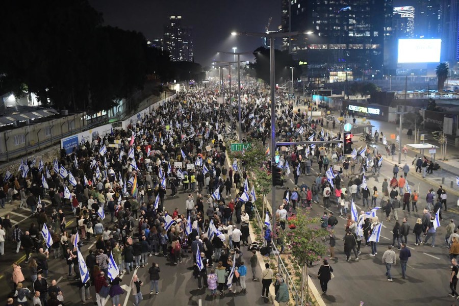 Israelis protest against the proposed changes to the legal system, in Tel Aviv, on Jan. 28, 2023. Photo by Tomer Neuberg/Flash90