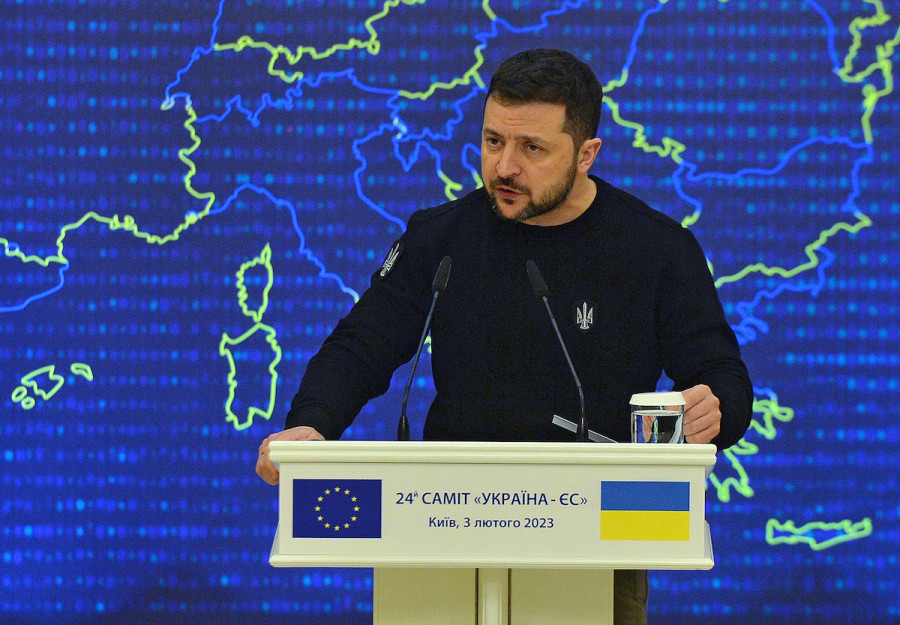 Ukrainian President Volodymyr Zelenskyy speaks during a press in Kyiv, Feb. 3, 2023 (Photo: Yevhen Kotenko/Ukrinform/ABACAPRESS.COM)