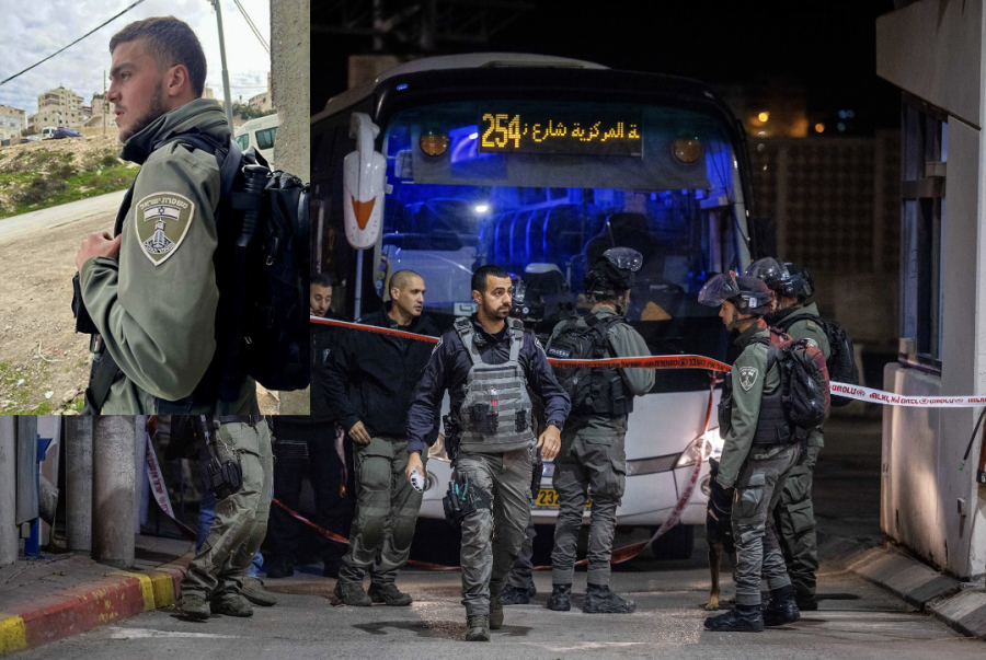 Israeli security at the scene of a terror attack at a checkpoint in Shuafat, East Jerusalem, Feb. 13, 2023. (Photo: Yonatan Sindel/Flash90) Insert: Staff Sgt. Asil Sawaed, killed in the attack. (Photo: Israel Police)
