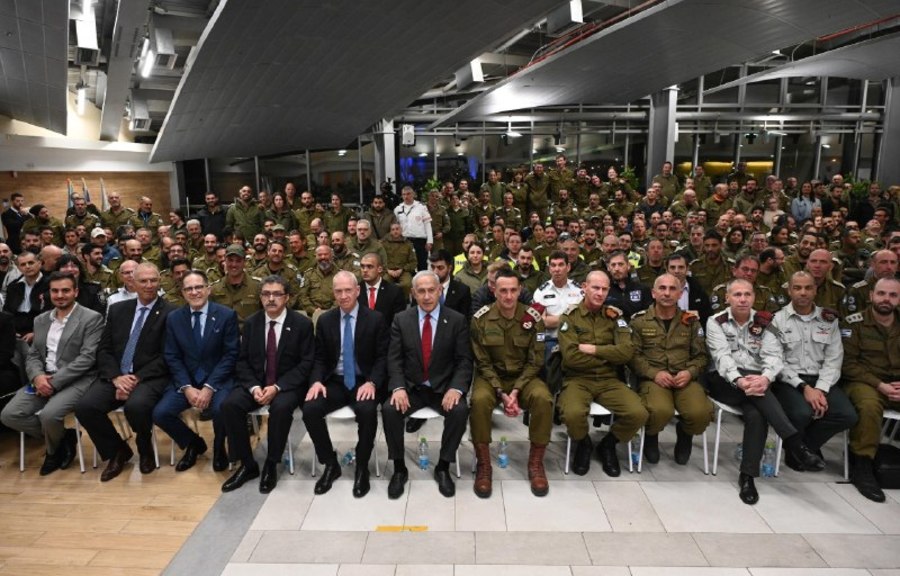 Israeli Prime Minister Benjamin Netanyahu at the welcoming ceremony for the Israeli Rescue Mission 'Olive Branch,' Feb. 13, 2023 (Photo: Haim Zach/GPO)