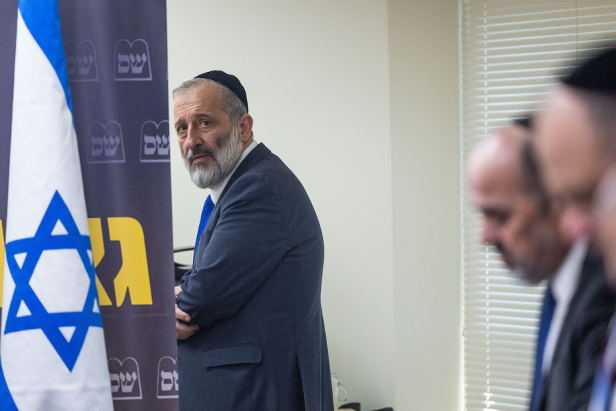 Head of the Shas party Aryeh Deri, leads a faction meeting at the Knesset in Jerusalem, Feb. 13, 2023. (Photo: Yonatan Sindel/Flash90)