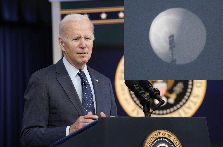 U.S. President Joe Biden delivers remarks on the response to recent aerial objects sot down over U.S. airspace, Feb. 16, 2023. (Photo: Yuri Gripas/ABACAPRESS.COM) Insert: Suspected Chinese spy balloon, Feb. 1, 2023 (Photo: Chase Doak via EYEPRESS)