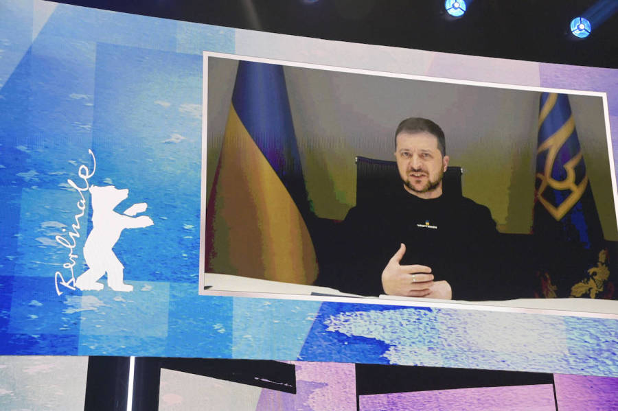 Ukrainian President Volodymyr Zelensky speaks virtually to the Munich Security Conference in Germany, Feb. 17, 2023.