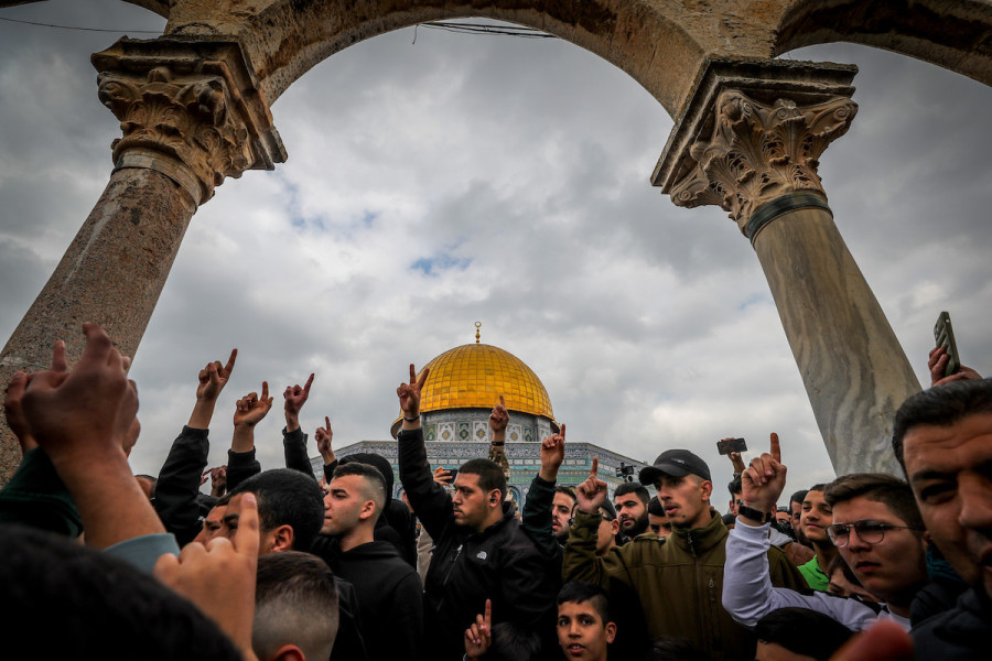 Palestinians attend Friday prayers at the Al-Aqsa Mosque compound in Jerusalem's Old City, Feb. 24, 2023. (Photo: Jamal Awad/Flash90)