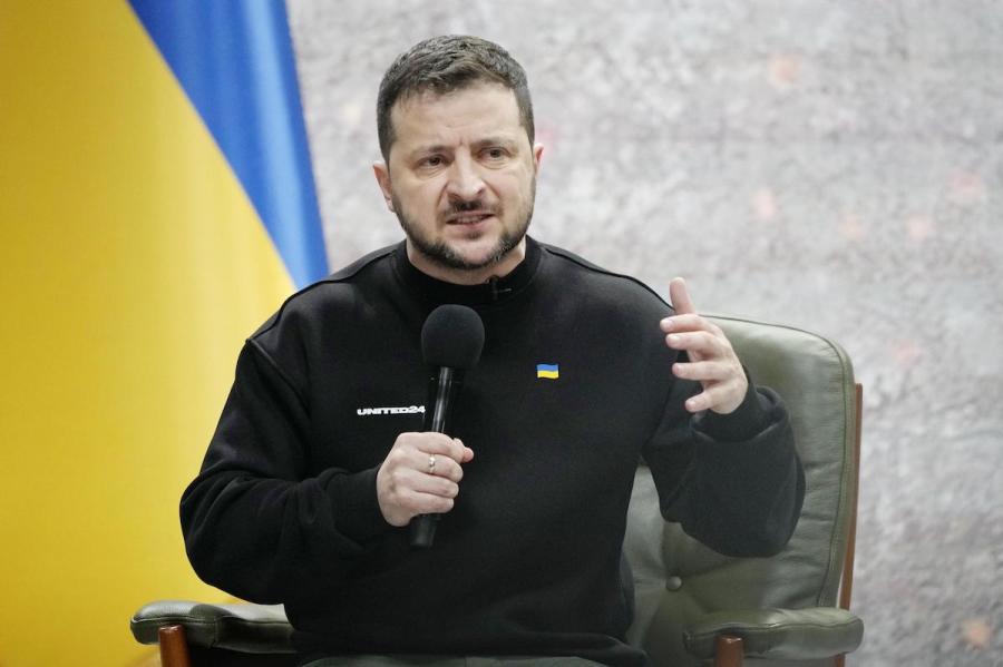 Ukrainian President Volodymyr Zelenskyy speaks during a press conference in Kyiv on Feb. 24, 2023, the first anniversary of Russia's invasion of Ukraine (Photo: Kyodo via Reuters Connect)