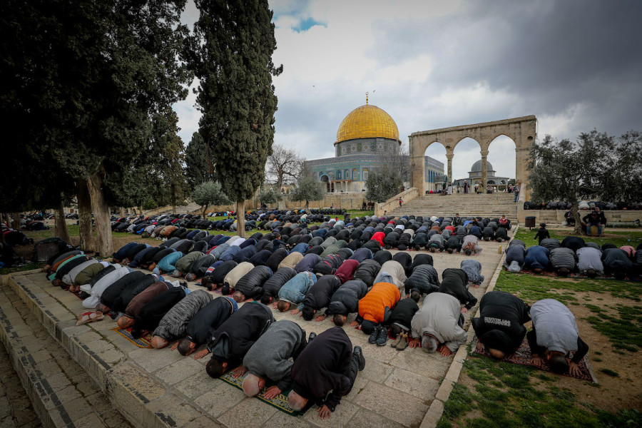 Palestinians attend Friday prayers at the Al-Aqsa Mosque compound in Jerusalem's Old City, Feb. 24, 2023. (Photo: Jamal Awad/Flash90)