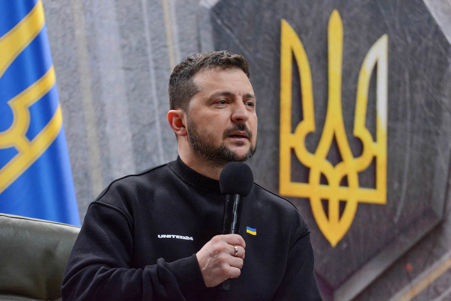 Ukrainian President Volodymyr Zelenskyy speaks to the media during a press conference as Ukraine marks one year since Russia's large-scale invasion, Feb. 24, 2023 (Photo: Aleksandr Gusev / SOPA Images/Sipa USA)