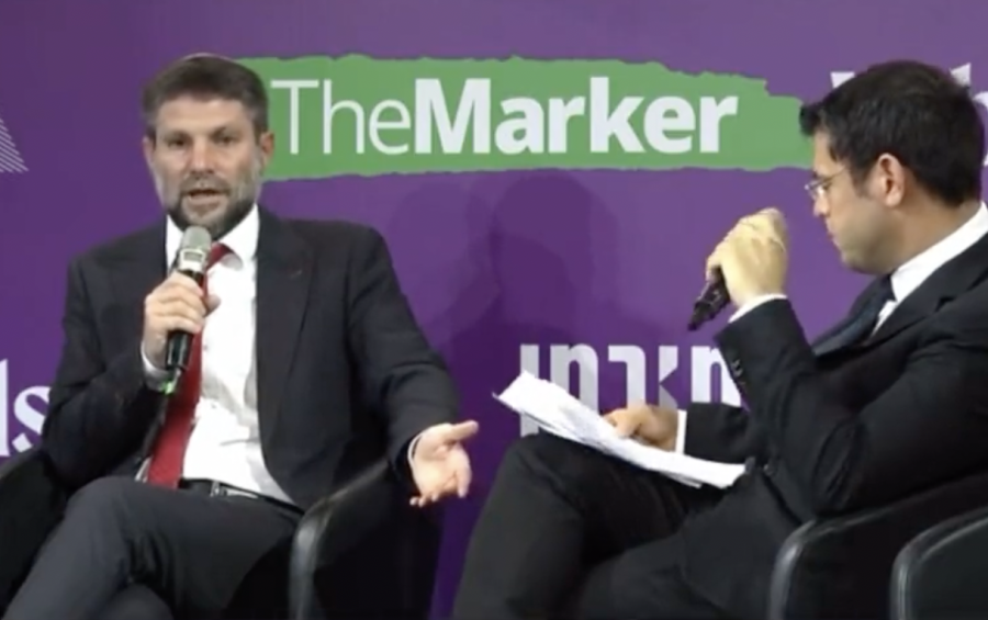 Israeli Finance Minister Bezalel Smotrich speaking at a conference hosted by TheMarker (Photo: Screenshot)
