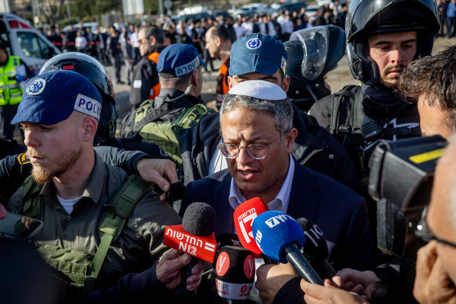 Israeli Minister of National Security Itamar Ben Gvir at the scene of the deadly car-ramming attack near the Ramot Junction in Jerusalem, Feb. 10, 2023. (Photo: Yonatan Sindel/Flash90)