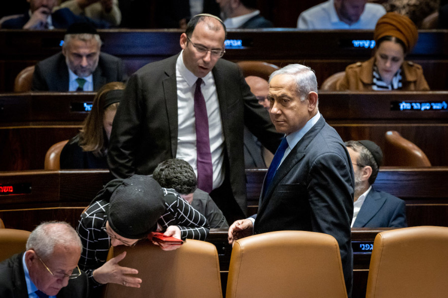Israeli Prime Minister Benjamin Netanyahu seen during a discussion and a vote in the Knesset assembly hall in Jerusalem, Mar. 6, 2023. (Photo: Yonatan Sindel/Flash90)