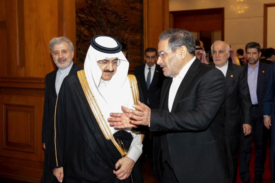 Saudi Minister of State and National Security Adviser Musaed bin Mohammed Al-Aiban, meets the Iranian Rear Admiral Ali Shamkhani, the secretary of the Supreme National Security Council, in Beijing, China, Mar. 10, 2023. (Photo: Saudi Press Agency/Handout via)