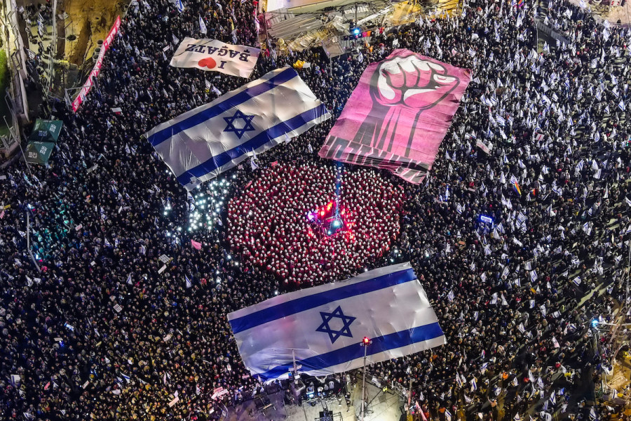 An aerial view of protests in Tel Aviv against the government's proposed judicial overhaul, Mar. 11, 2023. (Photo: REUTERS/Ilan Rosenberg)