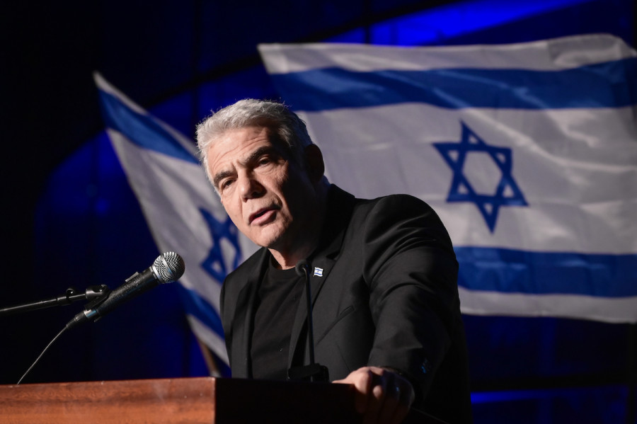 Head of opposition Yair Lapid speaks at a against the Israeli government's planned reform to the legal system, in Herzliya, on March 4, 2023. Photo by Avshalom Sassoni/Flash90